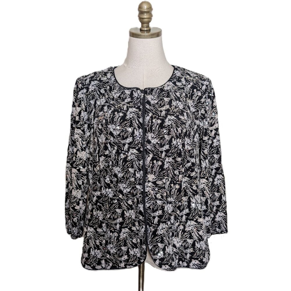 Alex Evenings Sequin Occasion Jacket Plus Size 1X Black White Floral Sequins